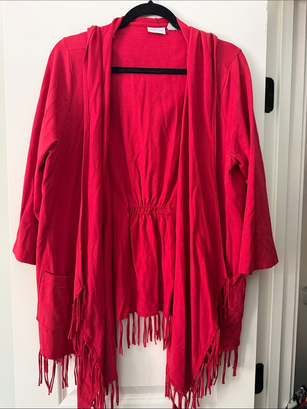 Women’s Red Open-Front Fringe Draped Jacket - Lightweight Layer